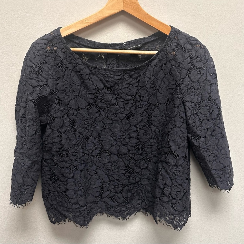 Club Monaco Eyelette Floral Lace Top Black Cropped Embellished Blouse Size S/P